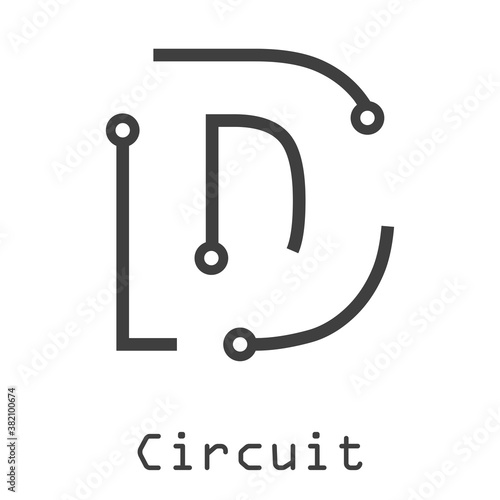 Logotipo abstracto letra inicial D lineal como circuito electrónico en color gris