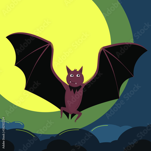 illustration of a bat on the theme of Halloween on the background of the moon in the sky above the clouds