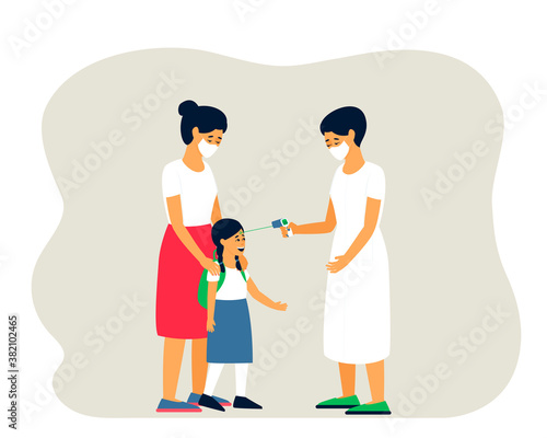 In order for the child to take part in the classes, you need to measure the temperature. Masked adults measure the temperature of the child. Epidemic, pandemic. Mother with daughter. Vector flat illus
