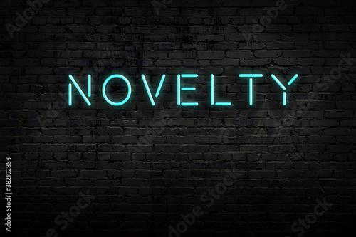 Neon sign. Word novelty against brick wall. Night view