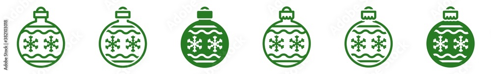Obraz premium Christmas Balls Snowflake Icon Green | Fir Tree Ball Illustration | Advent Symbol | Xmas Logo | December Decoration Sign | Isolated | Variations
