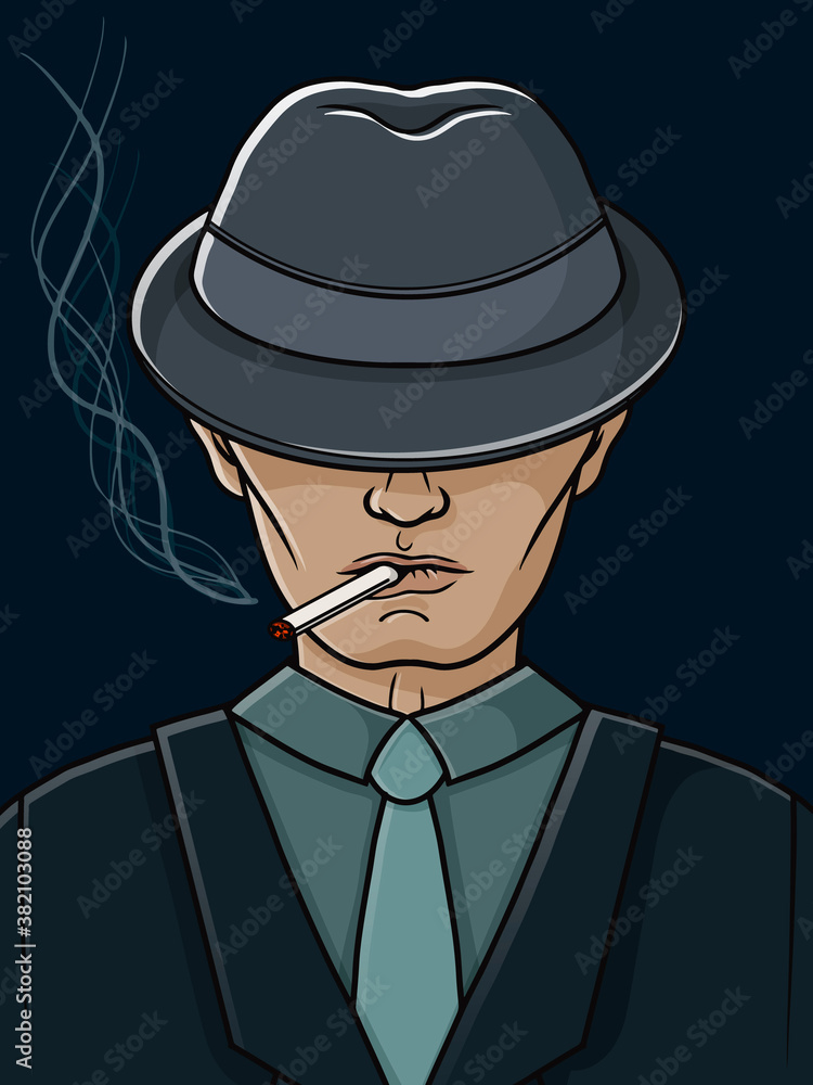 Mafia man with a hat and a cigarette. Gangster. Vector illustration. Hand drawn object for design, advertisements.
