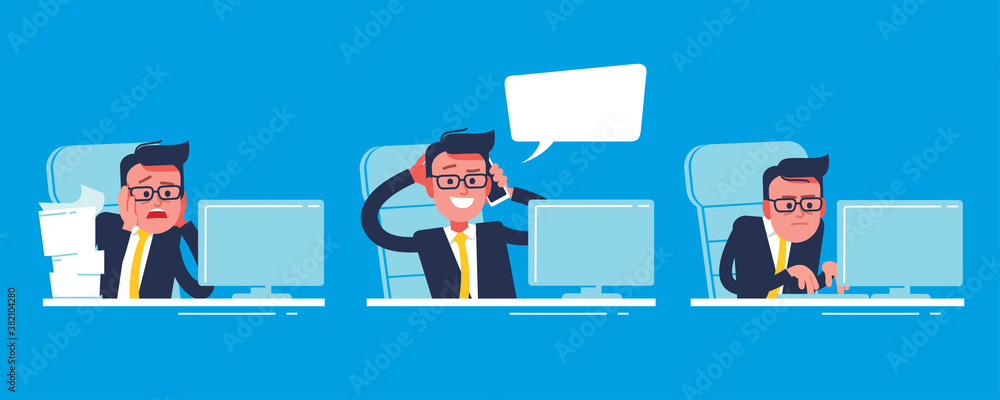 Scared, puzzled confused, thinking, thoughtful, businessman. Smilling business man talking on the phone. Scared, puzzled confused, thinking, thoughtful, businessman. Smilling business man talking on the phone.