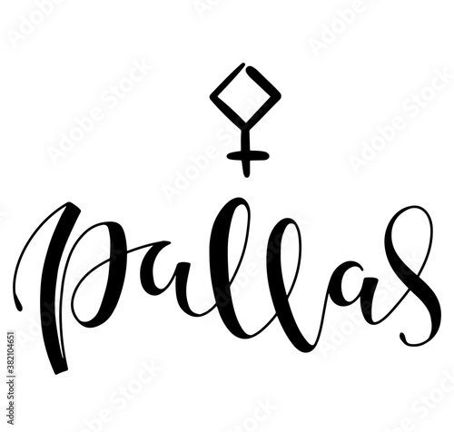 Pallas - astrological symbol and hand drawn lettering - Black vector illustration isolated on white background