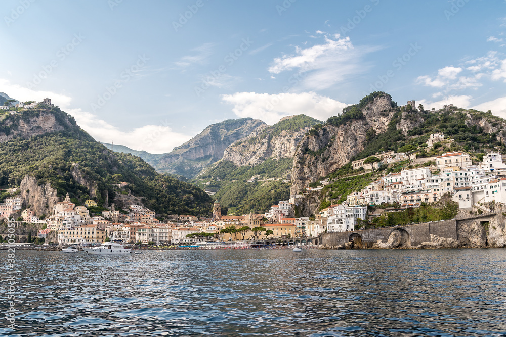 Beautiful Landscape with Amalfi town at famous amalfi coast, Italy with the bell tower (campanile) of the amalfi cathedral (duomo)