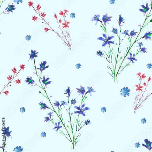 Watercolor vintage pattern. Seamless background with a pattern - blue flower cornflower  cloves. Beautiful splash of paint  art background for fabric  paper  textiles
