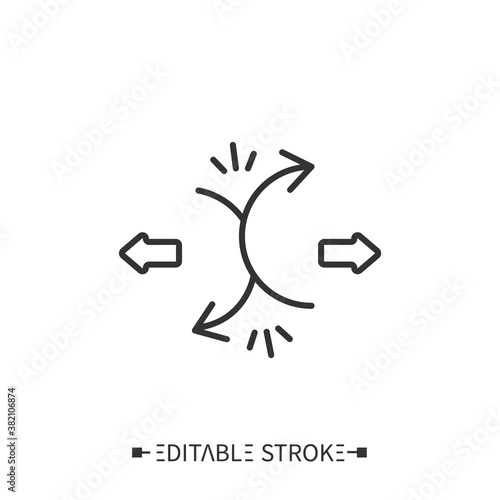 Negative synergy icon. Opposite pointing arrows, overlapping workflows. Outline drawing. Reduction of effectivity and income concept. Isolated vector illustrations. Editable stroke 