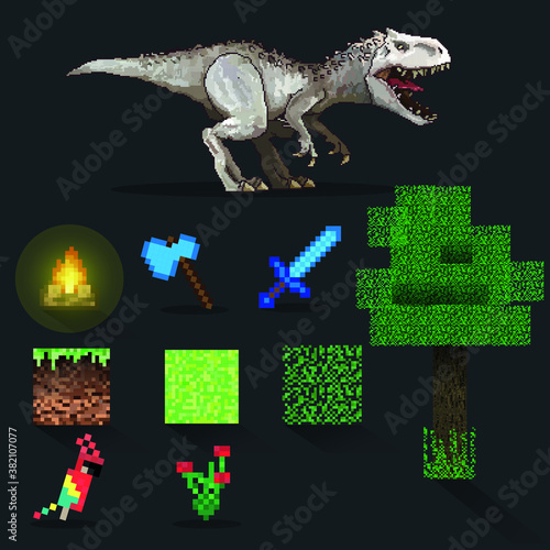 Vector pixel collection. Dinosaur, bush, tree, ground, sword, ax.