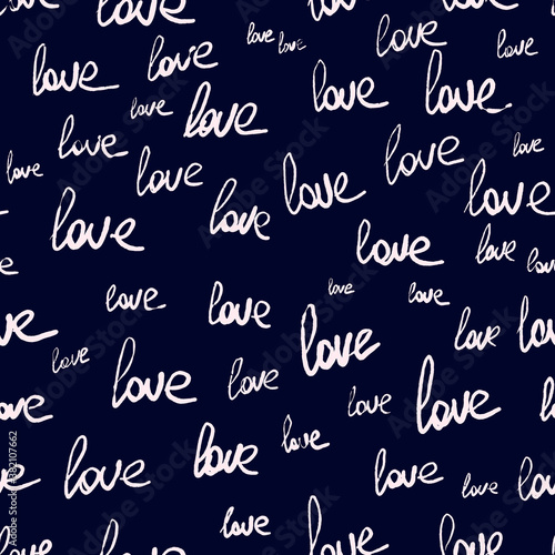 Love romantic seamless pattern on black background. Repeating handwritten love word.