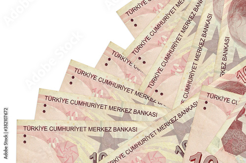 10 Turkish liras bills lies in different order isolated on white. Local banking or money making concept photo