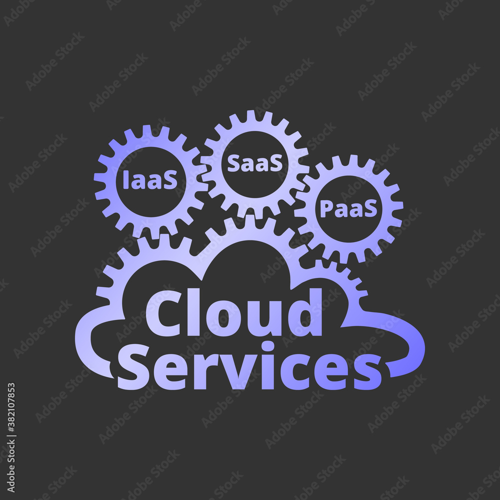 Cloud services logo, icon. SaaS, PaaS, IaaS. Technology, packaged
