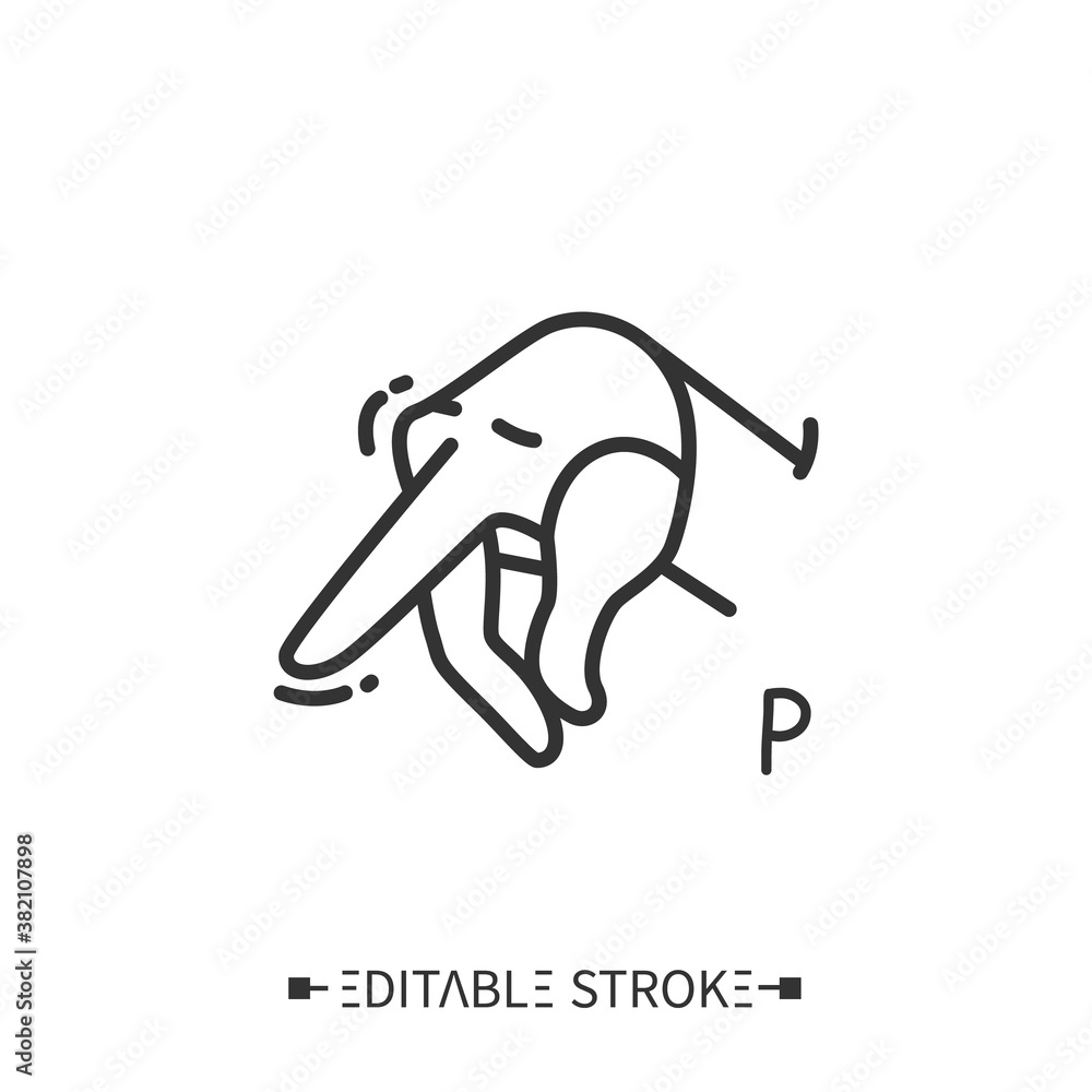 Hand gesture showing P letter line icon. Fingerspelling American language. Sign alphabet for deaf-mutes. Communication for disabled people. Mudra. Isolated vector illustration. Editable stroke Hand gesture showing P letter line icon. Fingerspelling American language. Sign alphabet for deaf-mutes. Communication for disabled people. Mudra. Isolated vector illustration. Editable stroke