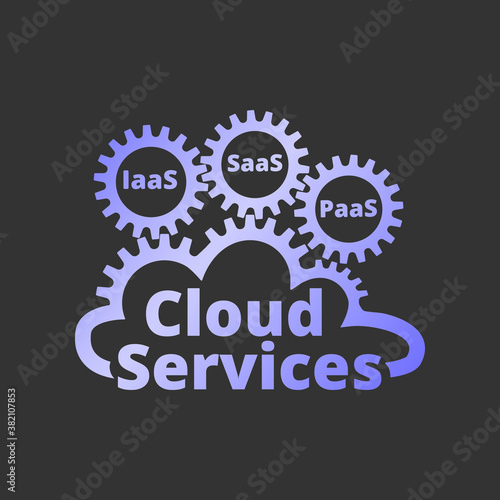 Cloud services logo, icon. SaaS, PaaS, IaaS. Technology, packaged software, decentralized application, cloud computing. Gear wheels. Vector illustration.