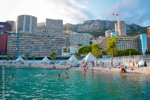 Monaco-Montecarlo, wonderful city of the cote-d‚ÄôAzur with its marine and architectures, Larvotto Beach,  in a sunny day with blue sky