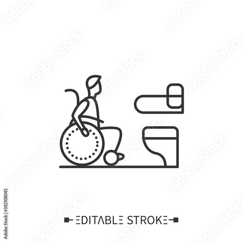 Accessible public toilet line icon.Wheelchair, handicapped people restroom.Inclusive city.Barriers-free environment and adapting for disabled people.Isolated vector illustration.Editable stroke 