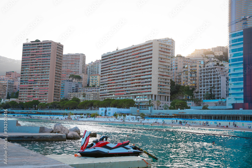 Obraz premium Monaco-Montecarlo, wonderful city of the cote-d‚ÄôAzur with its marine and architectures, Larvotto Beach, in a sunny day with blue sky