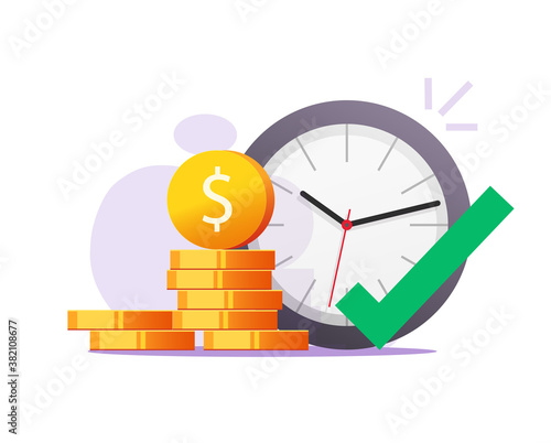 Right time for opportunity to make or earn money vector concept, correct moment to gain financial profit flat illustration, earning timer clock with check mark tick as good time become wealth