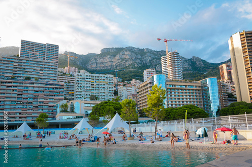 Monaco-Montecarlo, wonderful city of the cote-d‚ÄôAzur with its marine and architectures,  in Larvotto beach, in a sunny day with blue sky