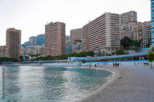Monaco-Montecarlo, wonderful city of the cote-d‚ÄôAzur with its marine and architectures,  in Larvotto beach, in a sunny day with blue sky © theblondegirl12
