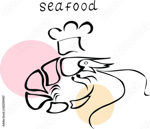 Shrimp food vector hand drown illustration and lettering isolated on white background. Concept for logo, cards, print, menu 