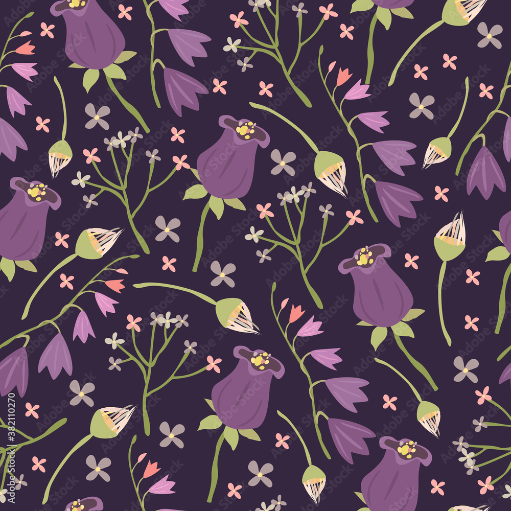 floral pattern with flower bell, purple color. meadow and garden chamomile flowers. forget-me-not. plant the background