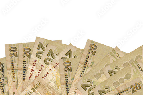 20 Turkish liras bills lies on bottom side of screen isolated on white background with copy space. Background banner template photo