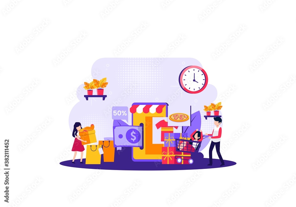 Fototapeta premium shop at the mall using a trolley with your closest friends. Vector illustration