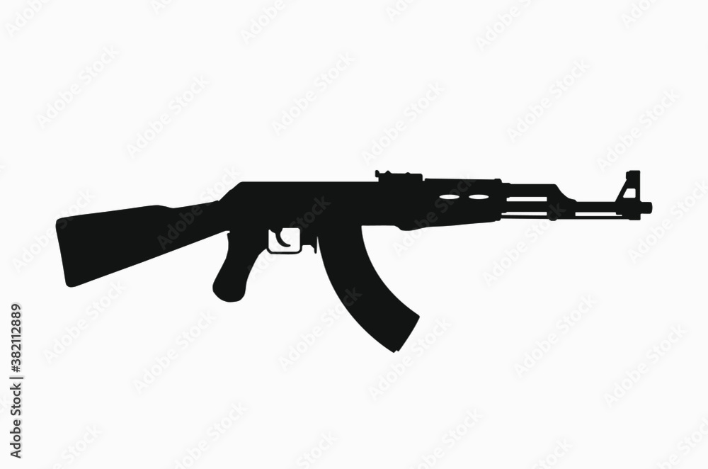 A vector illustration AK47 machine gun on white background. Black icon of a weapon. A black simple vector silhouette of Kalashnikov.