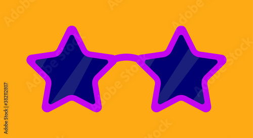 A vector illustration of purple star shaped sunglasses on an orange background.
