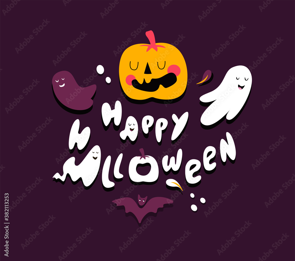 Halloween Bright Greeting Card with Funny Orange Pumpking,Ghosts,Bat and Text.Party Invitation with Handwritten Calligraphy.Happy Halloween Celebration Text Poster.Flat Design. Day Vector Illustration Halloween Bright Greeting Card with Funny Orange Pumpking,Ghosts,Bat and Text.Party Invitation with Handwritten Calligraphy.Happy Halloween Celebration Text Poster.Flat Design. Day Vector Illustration