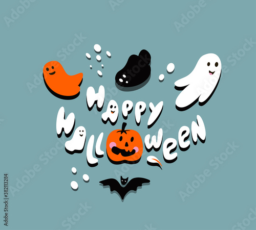 Halloween Bright Greeting Card with Funny Orange Pumpking,Ghosts,Bat and Text.Party Invitation with Handwritten Calligraphy.Happy Halloween Celebration Text Poster.Flat Design. Day Vector Illustration