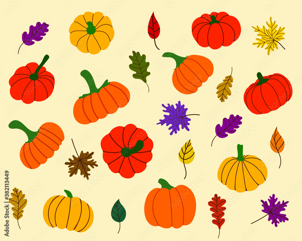 Autumn set with pumpkins and fallen leaves for Thanksgiving, Halloween. Design for stickers, postcards, packages, etc. Hand drawn vector Autumn set with pumpkins and fallen leaves for Thanksgiving, Halloween. Design for stickers, postcards, packages, etc. Hand drawn vector