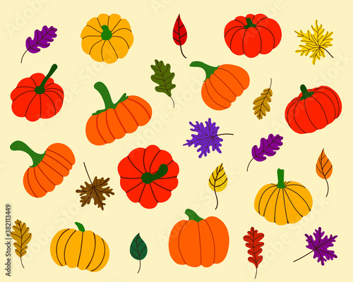 Autumn set with pumpkins and fallen leaves for Thanksgiving, Halloween. Design for stickers, postcards, packages, etc. Hand drawn vector
