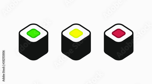 A vector illustration of three maki sushi pieces, cucumber, yellow radish, and salmon, on white background.