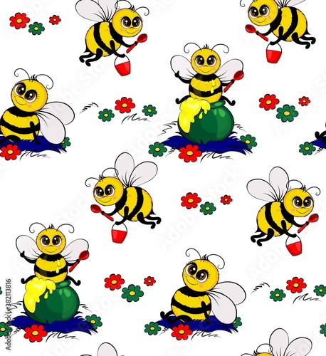 Funny bees collect nectar. Seamless pattern.