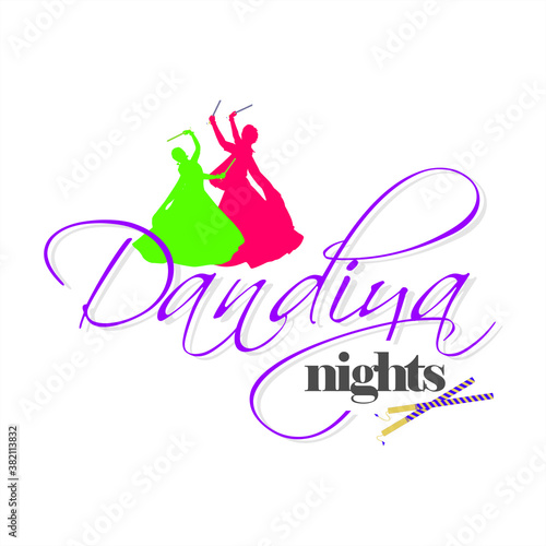 Dandiya Night Typogoraphy - 2 Women Playing Dandiya Dance in Navratri Festival