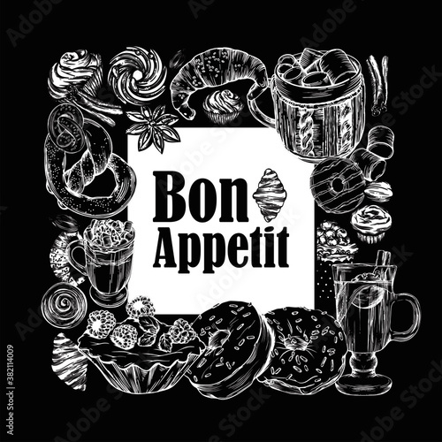 Vector illustration. Line drawing style. Delicious pastries, croissants, cookies, donuts, muffins, hot coffee and mulled wine. Images for menus and banners. Postcards Bon appetit.