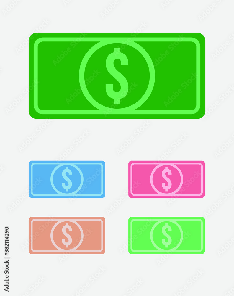 Vector illustration of five American dollar banknotes in various colors on light gray background. Colorful USD bills vector icon. Vector illustration of five American dollar banknotes in various colors on light gray background. Colorful USD bills vector icon.
