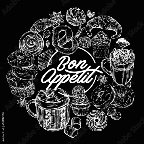 Vector illustration. Line drawing style. Delicious pastries, croissants, cookies, donuts, muffins, hot coffee and mulled wine. Images for menus and banners. Postcards Bon appetit.