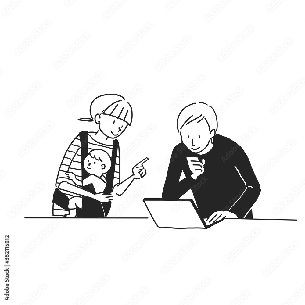 パソコンをしているお父さんと、赤ちゃんを抱っこしているお母さん(白背景、線画)
パソコンをしているお父さんと、赤ちゃんを抱っこしているお母さん(白背景、線画)