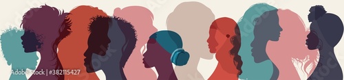 Silhouette group multiethnic diversity women and girl who talk and share ideas and information. Women social network community. Communication and female friendship and of diverse culture