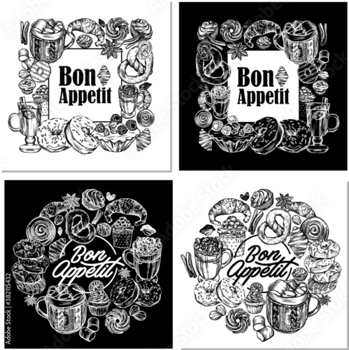 Vector illustration. Line drawing style. Delicious pastries, croissants, cookies, donuts, muffins, hot coffee and mulled wine. Images for menus and banners. Postcards Bon appetit.