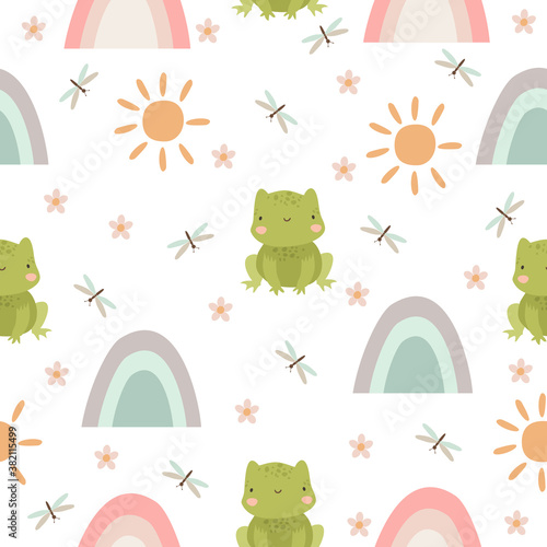 cute vector seamless pattern with frog and rainbow