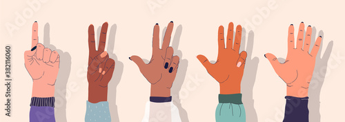 Set of female hands of different nationalities. Gentle hands showing various gestures. Stock vector illustration. Isolated hands in a flat style, hand-drawn design. Manicure, well-groomed hands, nails