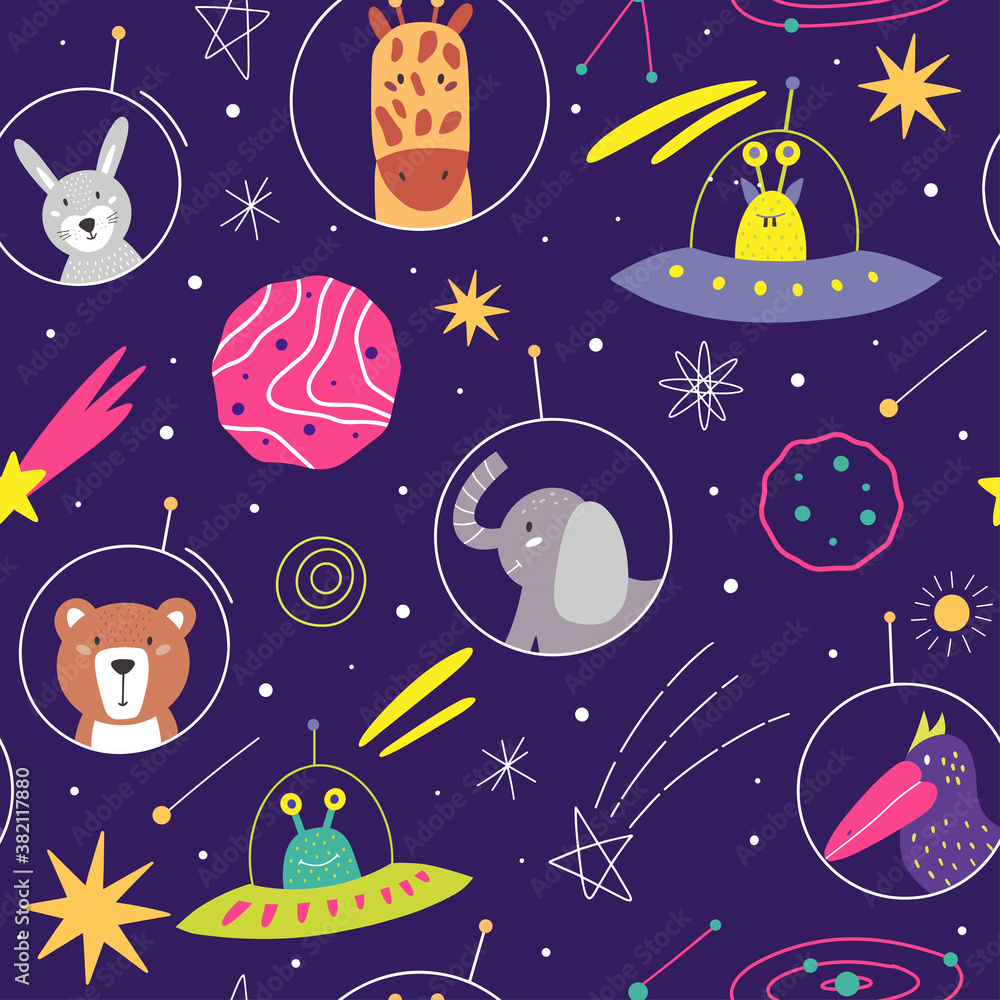 Space hand drawn color vector seamless pattern. Cosmos exploration. Space animal background. Vector  cartoon illustration.