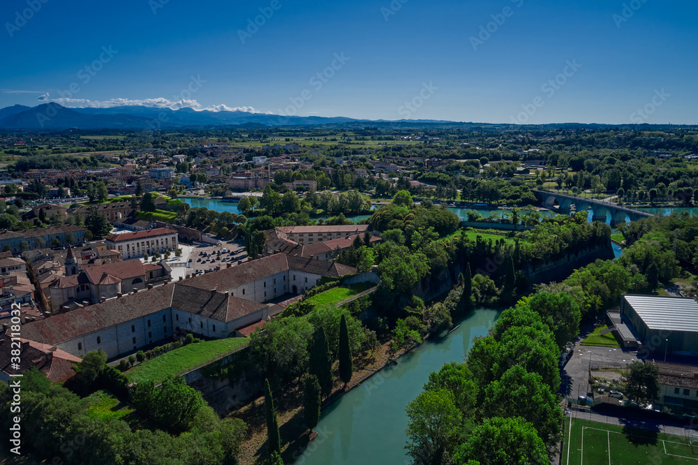 Panoramic aerial view of Lake Garda, the city of Peschiera del Garda. Aerial view at high altitude. Aerial photography with drone. Coast of the largest in Italy Garda lake.
