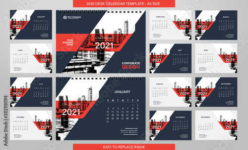 Desk Calendar 2021 template - 12 months included - A5 Size