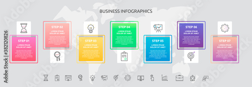 Infographics squares with seven steps, icons. Vector template used for diagram, business, web, banner, workflow layout, flowchart, info graph, timeline, content, levels, chart, processes diagram