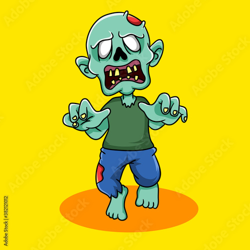 Vector illustration zombie character chase and very scary. character zombie illustration with yellow background