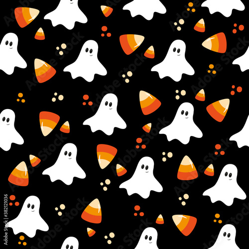Seamless pattern for Halloween - Cute ghost and candy corn on black backgound. Good for wrapping paper, textile print, wall paper, poster, card or decoration.